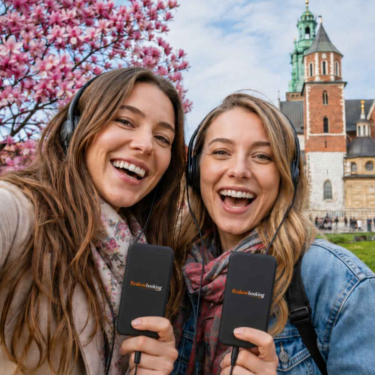Freundinnen machen ein Selfie mit KrakowBooking-Audioguides auf dem Wawel-Hügel in Krakau