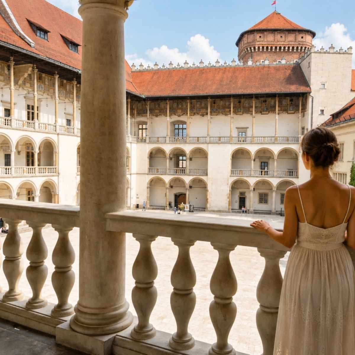 : Frau in einem Sommerkleid in den Arkaden des Wawel in Krakau