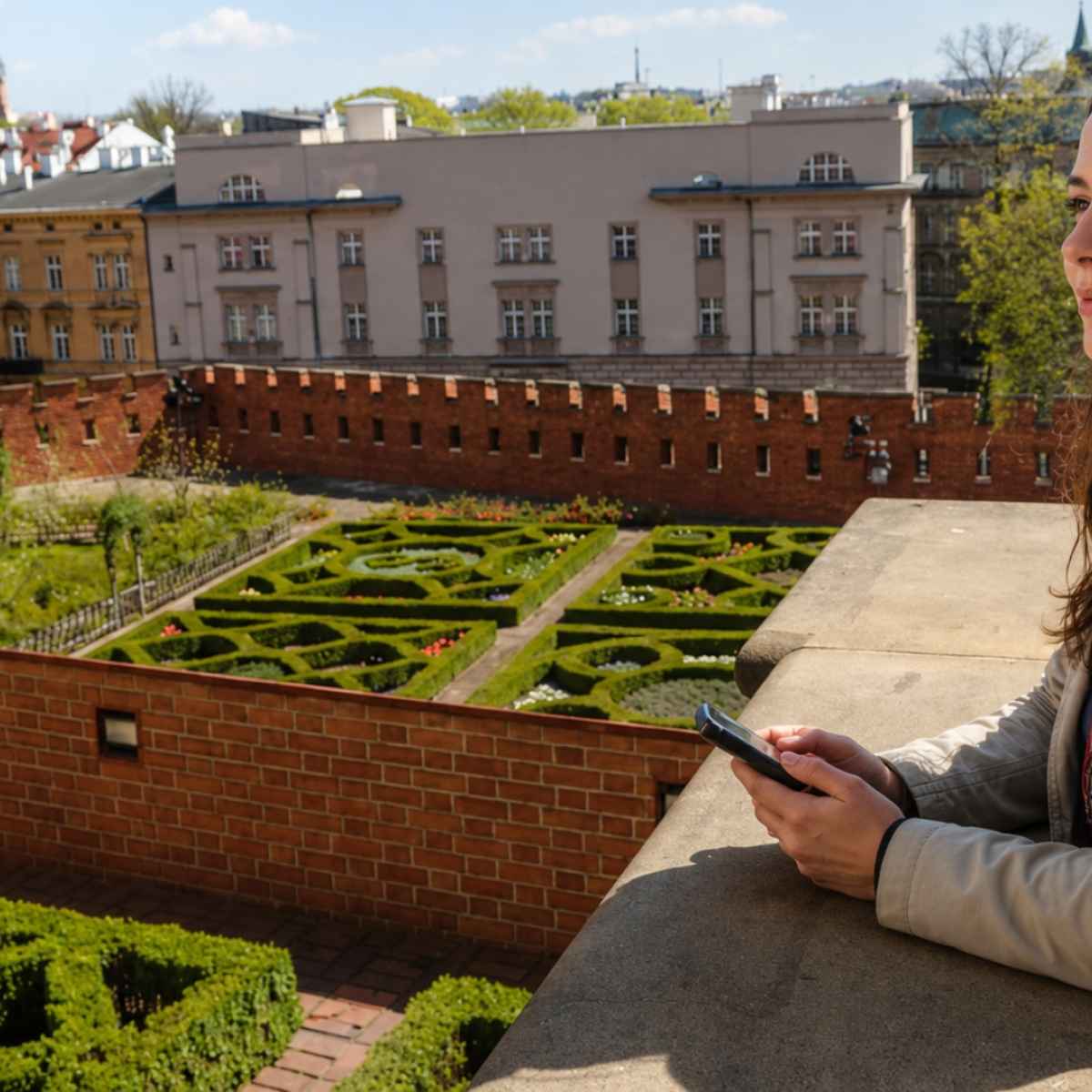 Frau hört einen Audioguide mit Blick auf die Wawel-Gärten in Krakau